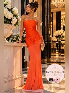 Fashion Nova Strapless Orange Ruched Gown